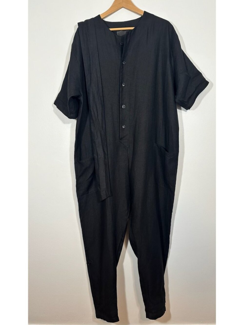 No.6 Store Black Linen Button-Front Jumpsuit Medium